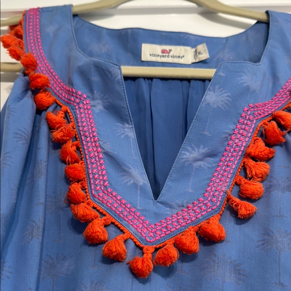 Blue Sleeveless womens Dress with orange tassel Accents - Picture 5 of 7